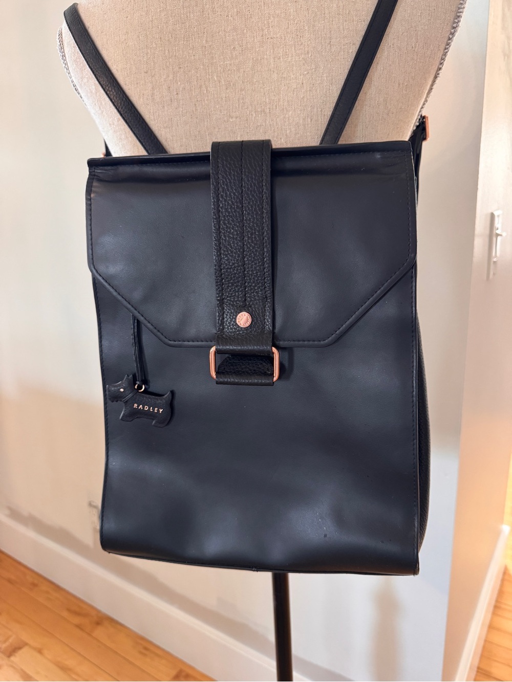 RADLEY LONDON Black Leather Backpack with Rose Gold Hardware